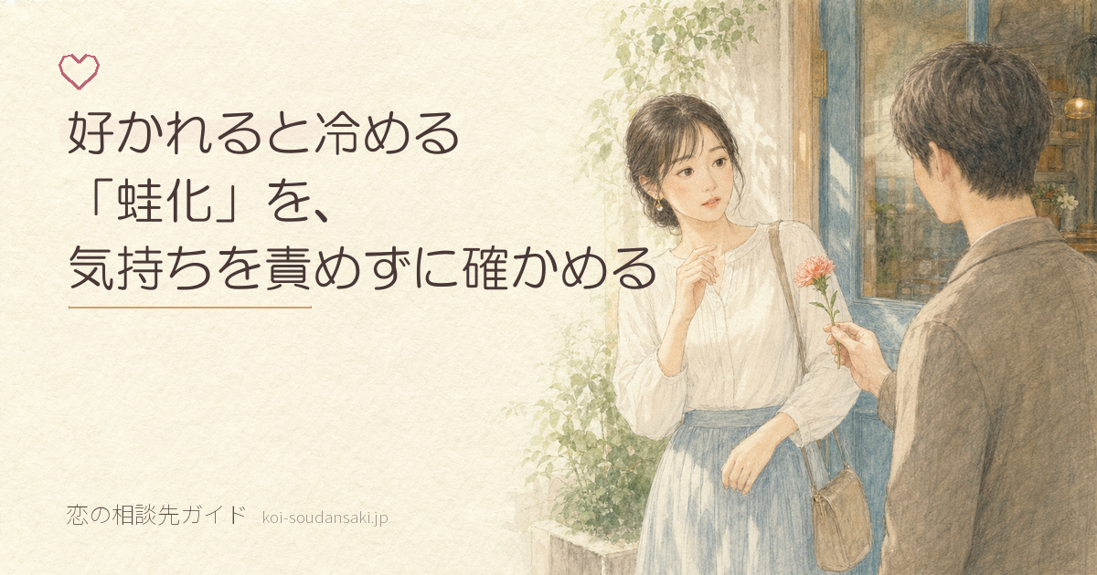 花を差し出され、驚きながら自分の気持ちを確かめる女性の手描きイラスト