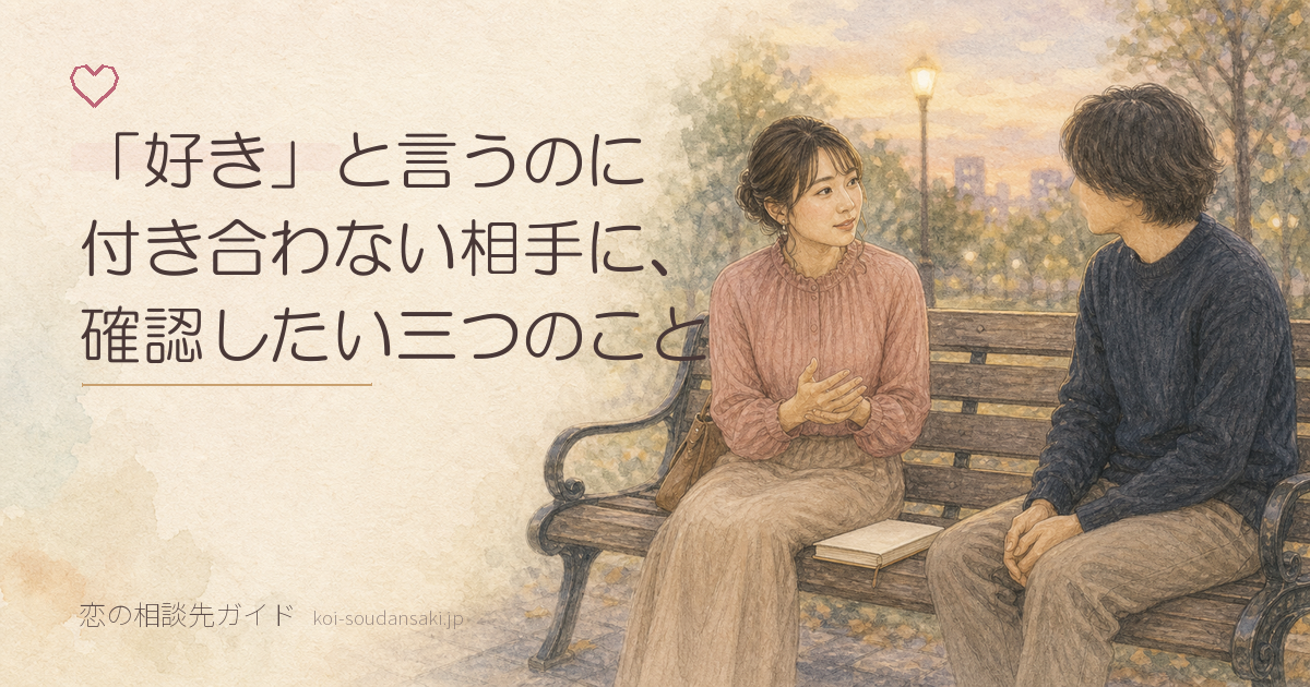 夕方の公園で少し距離を空けて向き合い、関係について話す二人の手描きイラスト