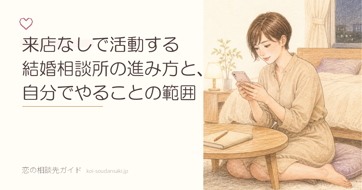 夜の自室で座卓の前に座り、両手でスマートフォンを見ている女性の手描きイラスト。座卓には閉じたノートと鉛筆が置かれている