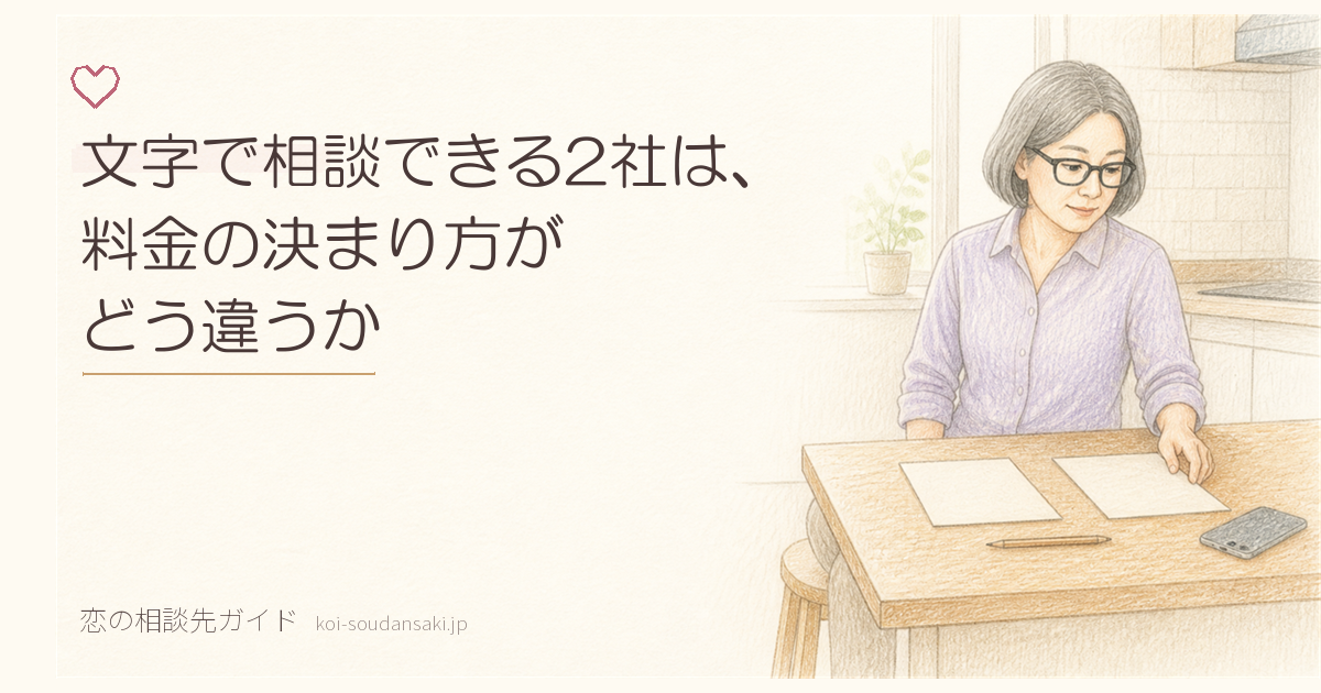 昼のキッチンカウンターで、無地のメモ2枚を見比べている女性の手描きイラスト。鉛筆と伏せたスマートフォンが置かれている