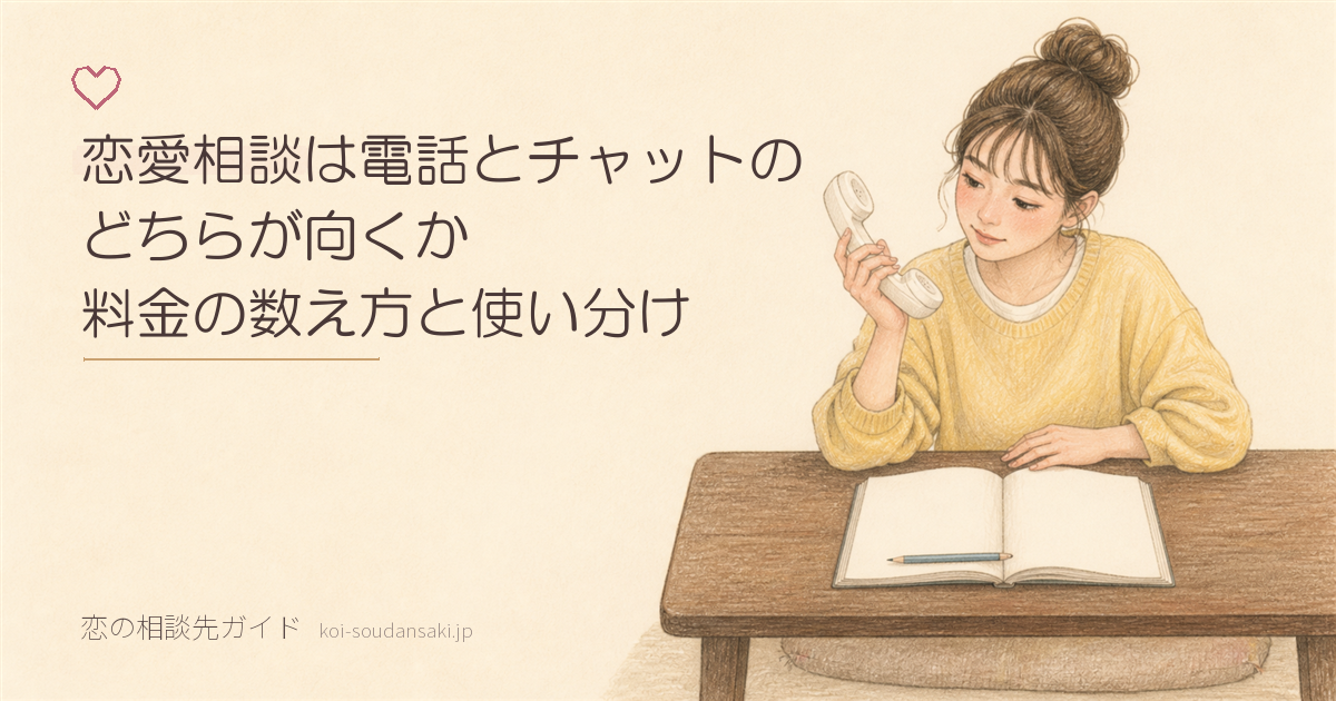 電話の子機とノートを見比べる女性の手描きイラスト