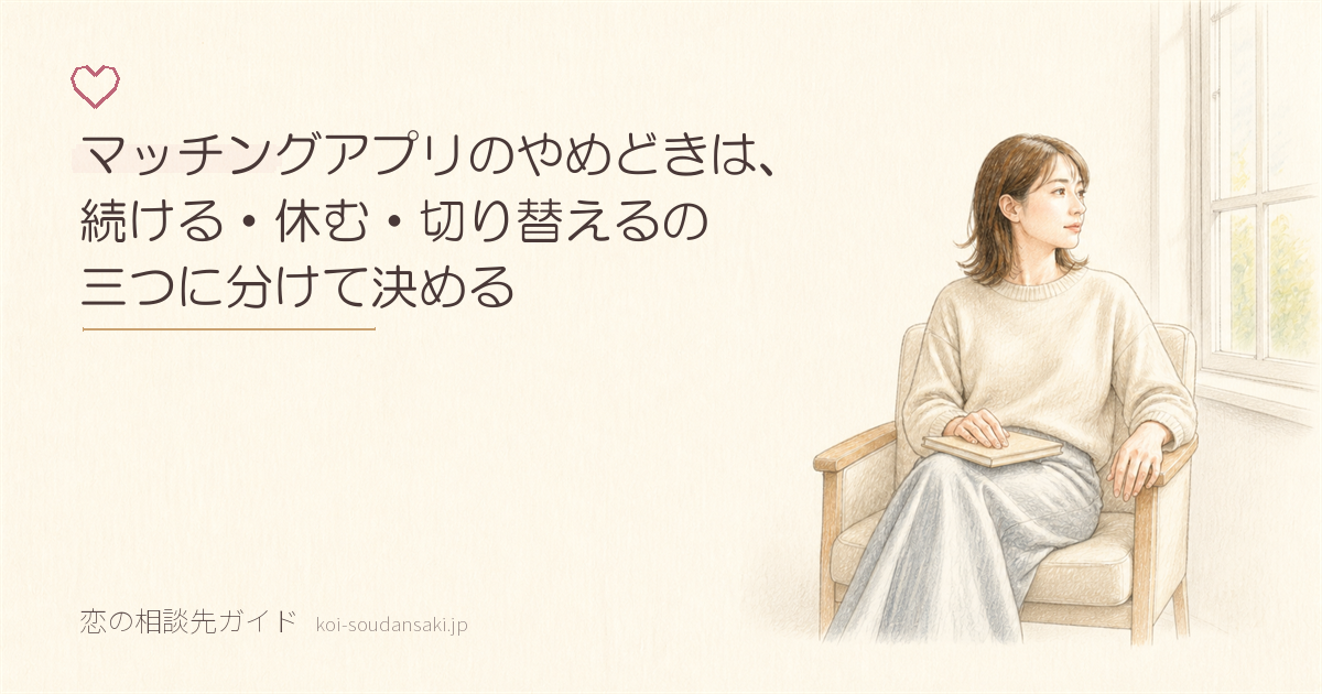 窓辺の一人掛け椅子で、膝に置いた閉じたノートに手を添えたまま窓の外へ視線を向けている女性の手描きイラスト