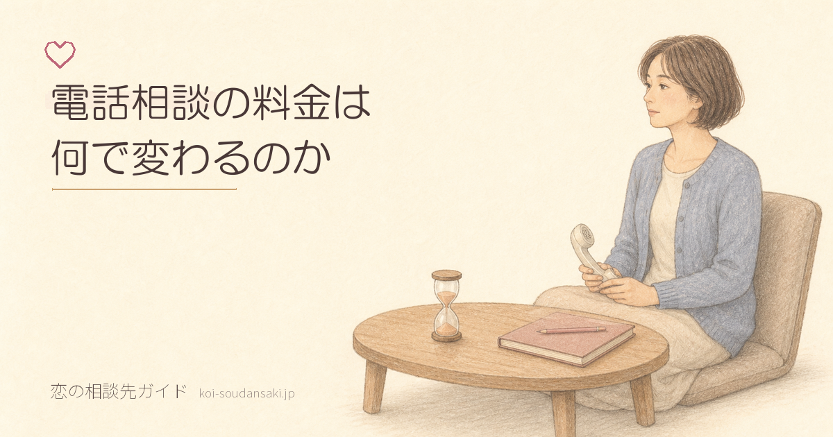 夜の室内で受話器と砂時計を前に座る女性の手描きイラスト