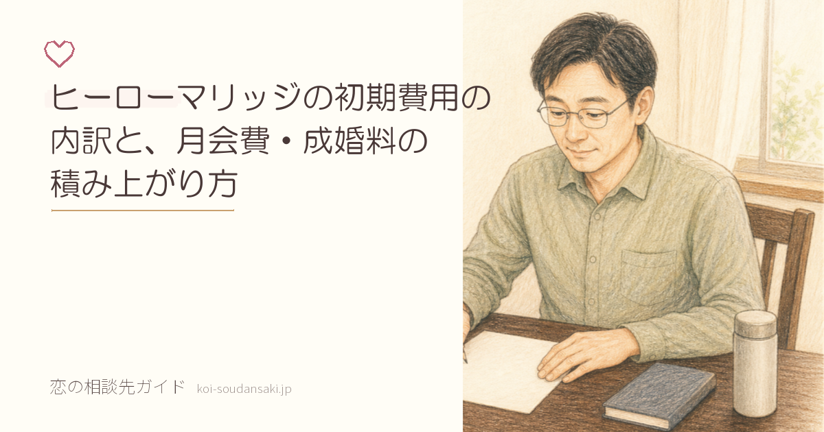 昼の室内で木のデスクに広げた無地の紙に鉛筆を添えている男性の手描きイラスト。閉じた手帳と水筒が置かれている
