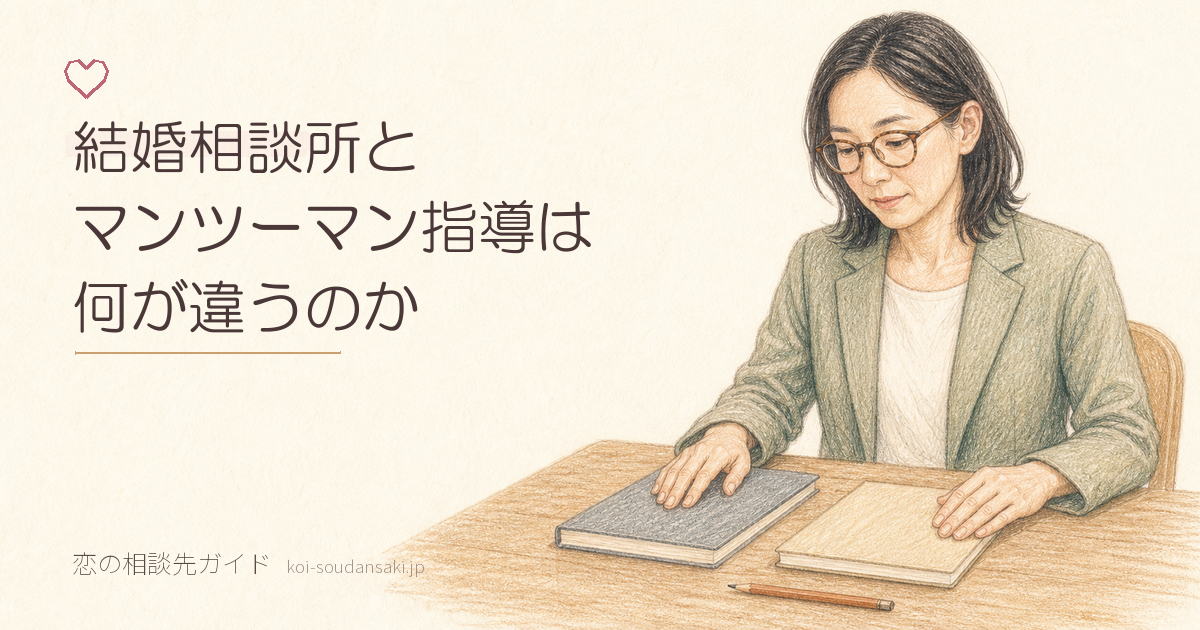 テーブルで2冊のノートを見比べる女性の手描きイラスト