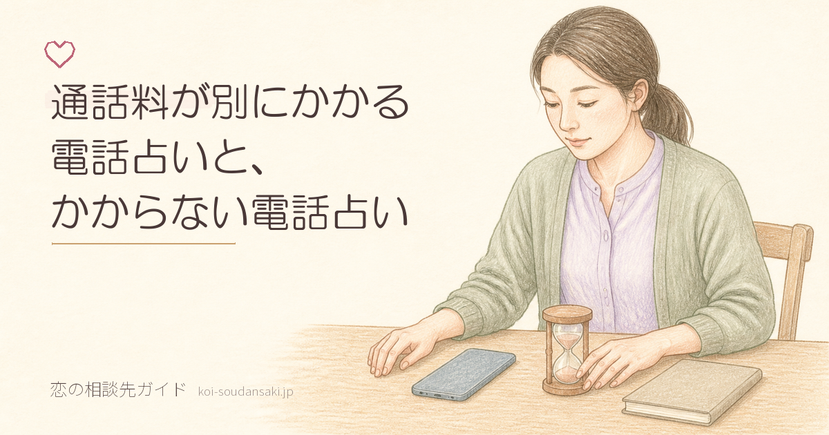 デスクに伏せたスマートフォンと小さな砂時計を並べ、そのあいだへ視線を落としている女性の手描きイラスト。横に閉じた無地のノートが置かれている