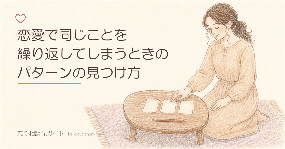 ラグに正座してテーブルに並べた3枚のカードへ手を伸ばす女性の手描きイラスト