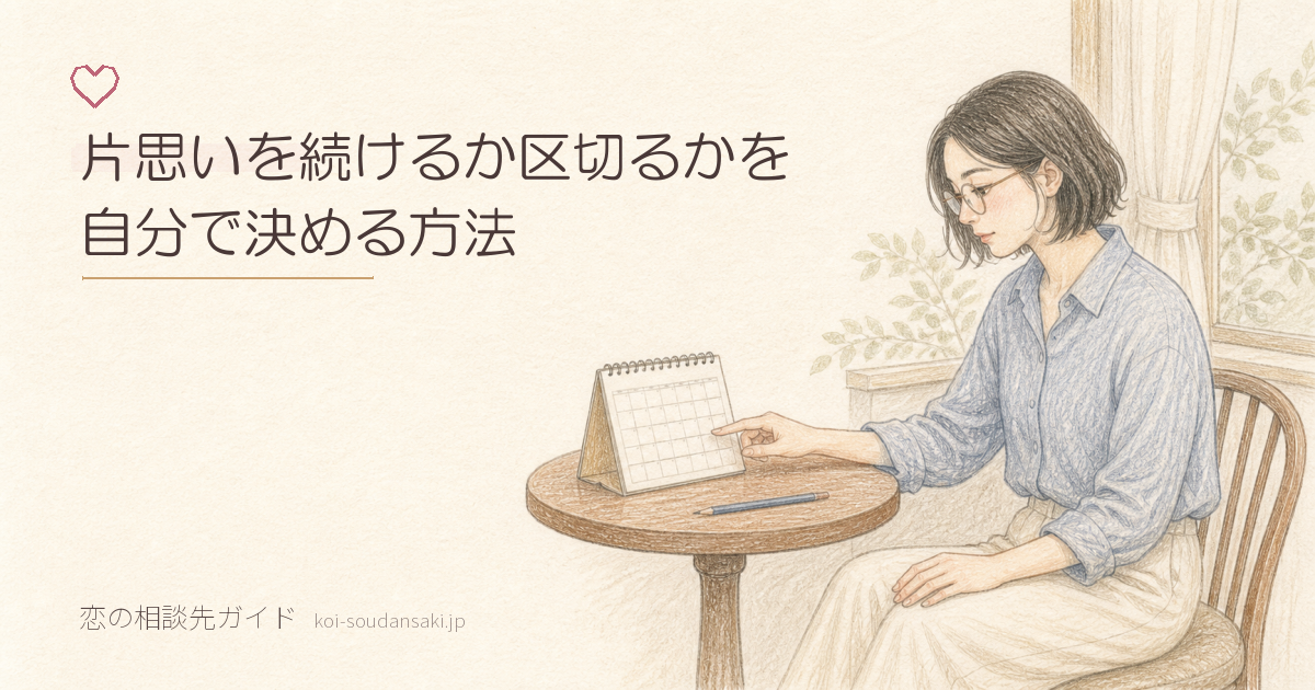 窓辺の丸テーブルで卓上カレンダーに指を置く女性の手描きイラスト