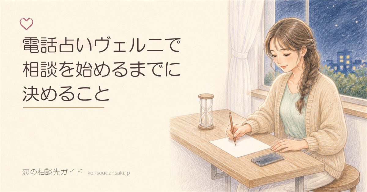 夜の窓辺のカウンターで、無地のメモに鉛筆で書いている女性の手描きイラスト。砂時計と伏せたスマートフォンが置かれている