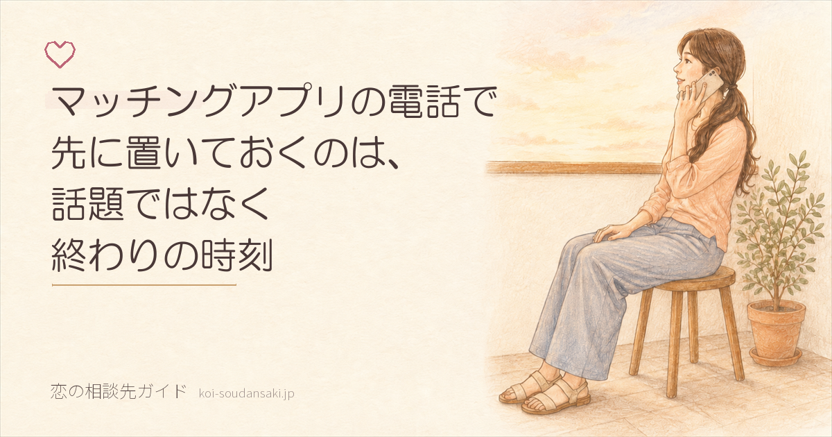 夕方のベランダでスツールに腰かけ、スマートフォンを耳に当てて空へ視線を向ける女性の手描きイラスト