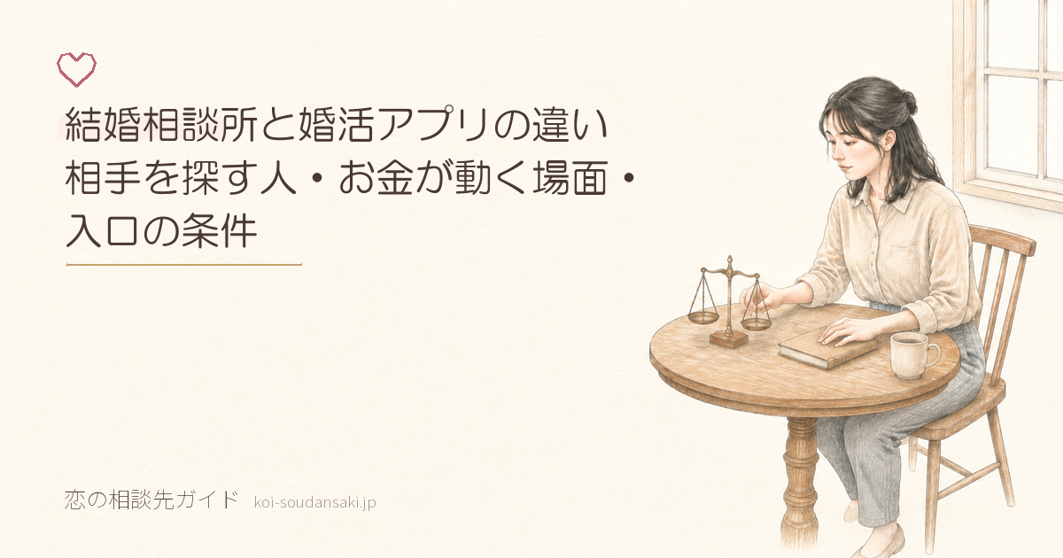 窓辺の丸いカフェテーブルで、小さな天秤の皿に指先を添え、閉じた手帳に手を置いて比べている女性の手描きイラスト
