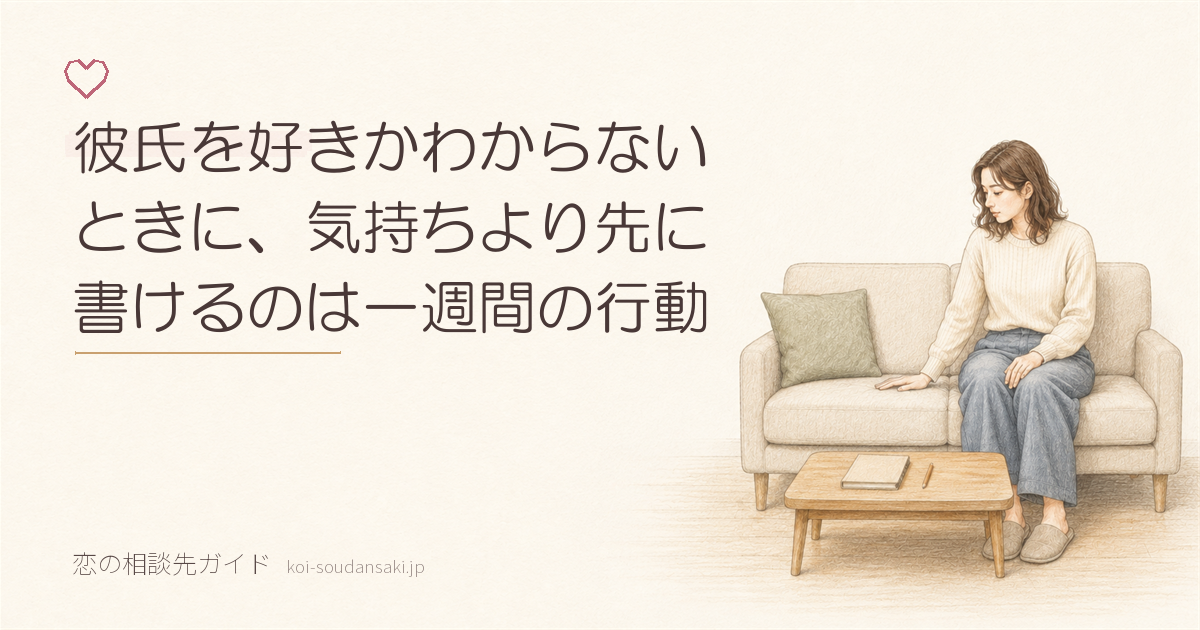 昼のリビングで二人掛けソファの片側に座り、隣の空いた座面へ手のひらを置いている女性の手描きイラスト。前のローテーブルに閉じた無地のノートと鉛筆が置かれている
